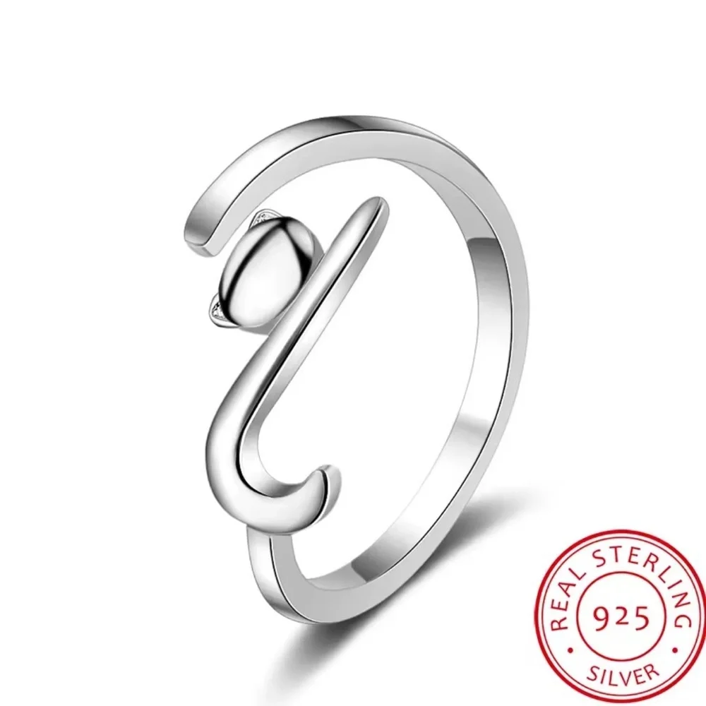 925 Sterling Silver Sticky Cat With Long Tail Finger Ring. Adjustable Ring